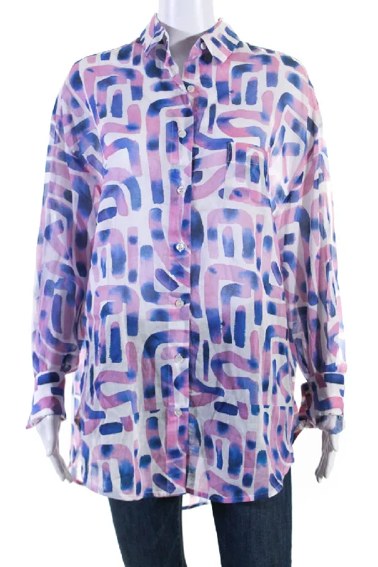 La Fetiche Womens Collared Abstract Button Down Blouse Top Multi Modern Work Blouse