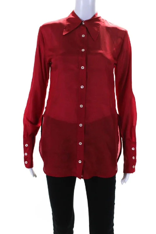La Fetiche Womens Lightweight Silk Long Sleeve Button Up Blouse Red Versatile Layering Blouse La Fetiche Womens Lightweight Silk Long Sleeve Button Up Blouse Red Versatile Layering Blouse