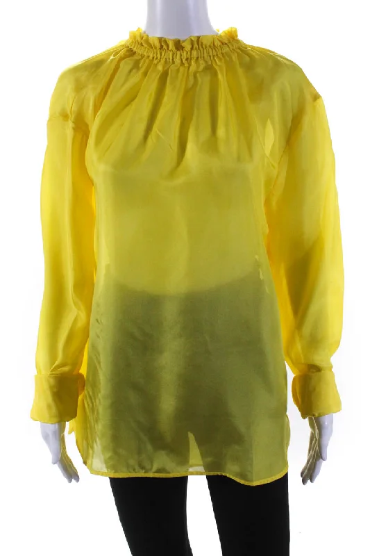 Lafetiche Womens Sheer Mock Neck Long Sleeve Blouse Yellow Sleeveless Summer Blouse