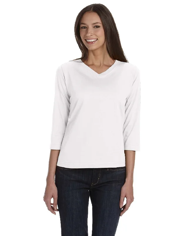 LAT Ladies 3/4 Sleeve V-Neck Tee | White