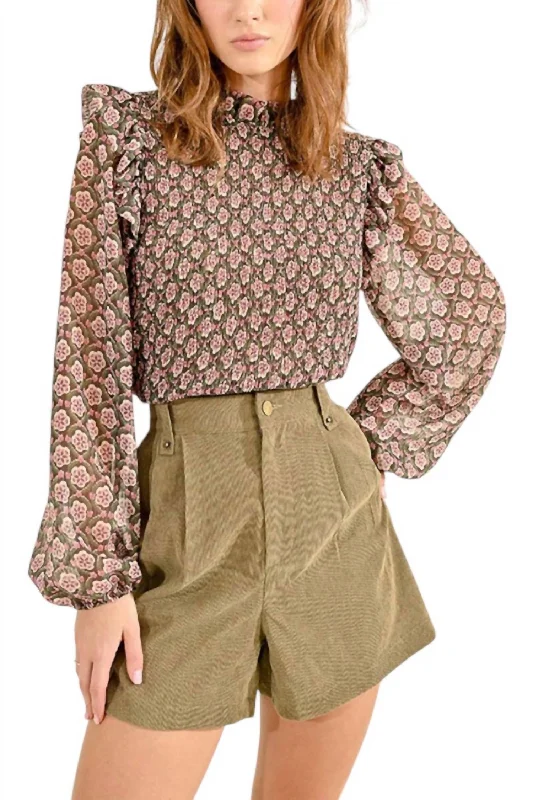 Long Sleeve Print Blouse Top In Khaki Lizzie Off-Shoulder Wrap Blouse