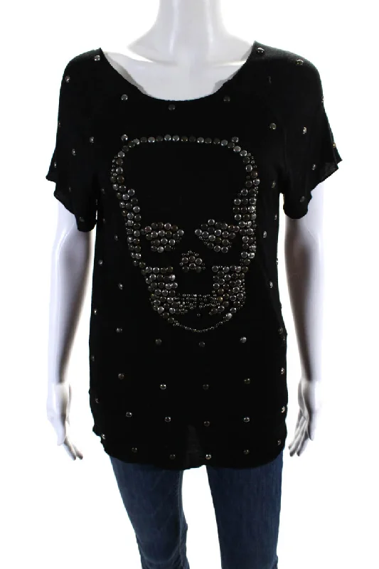 Lucien Pellat-Finet Womens Black Studded Skull Short Sleeve Blouse Top Soft Modal Blouse Lucien Pellat-Finet Womens Black Studded Skull Short Sleeve Blouse Top Soft Modal Blouse