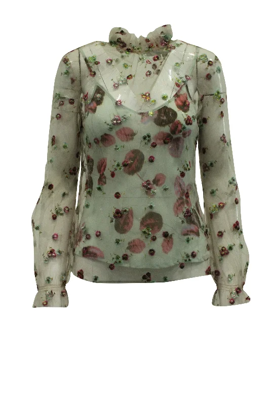 Luisa Beccaria Floral Embroidered Mesh Blouse in Multicolor Polyester Oversized Silk Blouse Luisa Beccaria Floral Embroidered Mesh Blouse in Multicolor Polyester Oversized Silk Blouse