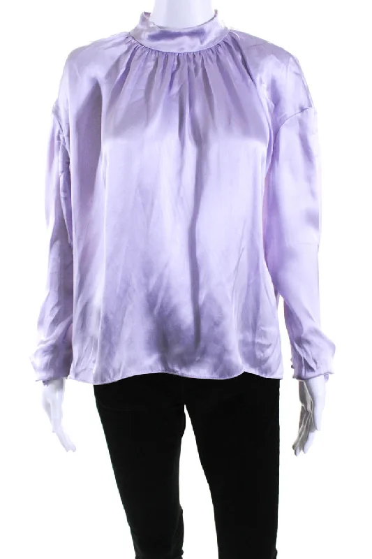 Magda Butrym Womens Silk Long Sleeves Mock Neck Blouse Lavender Ruched Sleeve Blouse Magda Butrym Womens Silk Long Sleeves Mock Neck Blouse Lavender Ruched Sleeve Blouse