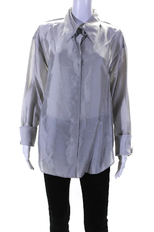 Mantu Womens Silk Organza Long Sleeve Button Up Top Blouse Cloud Gray Peter Pan Blouse Mantu Womens Silk Organza Long Sleeve Button Up Top Blouse Cloud Gray Peter Pan Blouse