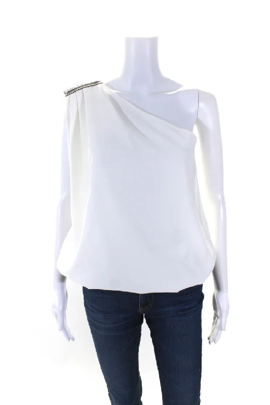 Max Valmont Womens Embellished Chain One Shoulder Top Blouse White Lightweight Chiffon Blouse Max Valmont Womens Embellished Chain One Shoulder Top Blouse White Lightweight Chiffon Blouse