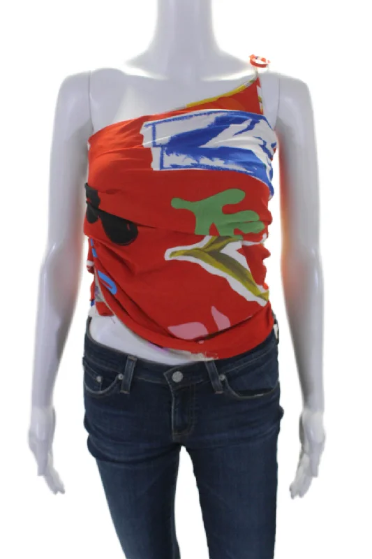 Monse Womens Floral Print Ruched One Shoulder Sleeveless Tied Blouse Red Delicate Pleat Blouse Monse Womens Floral Print Ruched One Shoulder Sleeveless Tied Blouse Red Delicate Pleat Blouse