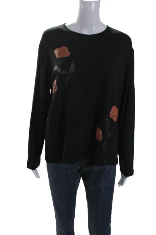 Natto Womens Black Leather Floral Detail Crew Neck Long Sleeve Blouse Top Oversized Silk Blouse Natto Womens Black Leather Floral Detail Crew Neck Long Sleeve Blouse Top Oversized Silk Blouse