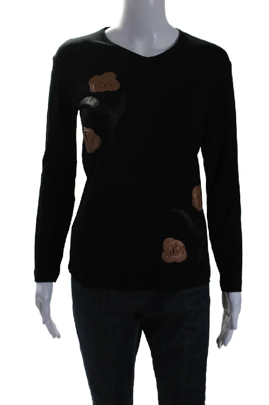 Natto Womens Black Leather Floral Detail Crew Neck Long Sleeve Blouse Top Silky Tunic Blouse Natto Womens Black Leather Floral Detail Crew Neck Long Sleeve Blouse Top Silky Tunic Blouse