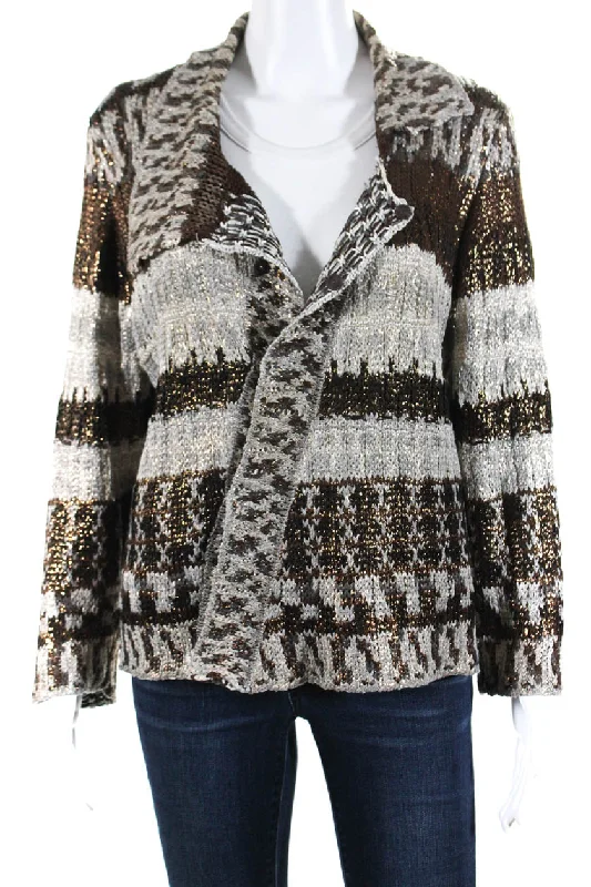 Oscar de la Renta Women's Collar Long Sleeves Glitter Blouse Brown Embellished Collar Blouse Oscar de la Renta Women's Collar Long Sleeves Glitter Blouse Brown Embellished Collar Blouse