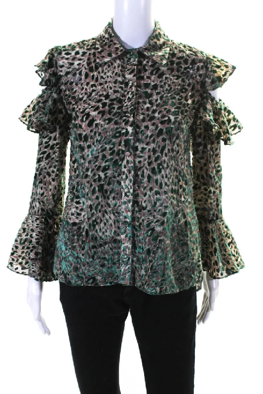 PatBO Women's Ruffle Short Sleeves Button Down Textured Blouse Green Oversized Silk Blouse PatBO Women's Ruffle Short Sleeves Button Down Textured Blouse Green Oversized Silk Blouse