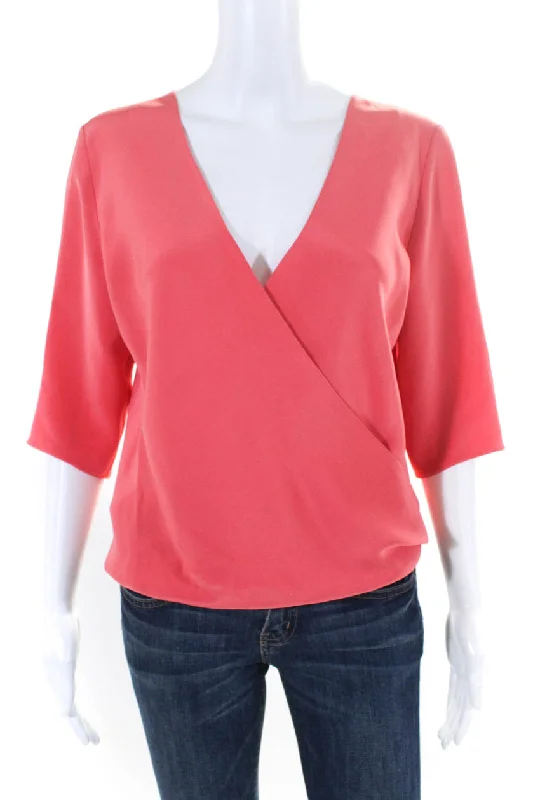 PERI.A Womens Silk V Neck Give Blouse Pink Ruched Sleeve Blouse