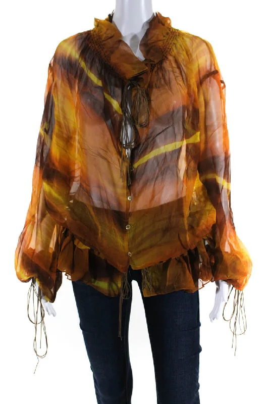 Petar Petrov Womens Lena Semi Sheer Gathered Tie Neck Top Blouse Brown Silky Tunic Blouse Petar Petrov Womens Lena Semi Sheer Gathered Tie Neck Top Blouse Brown Silky Tunic Blouse
