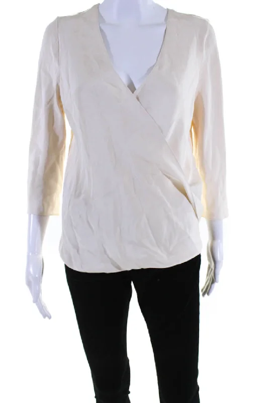 Peter Cohen Womens Draped Twist Front 3/4 Sleeve Top Blouse Cream Feminine Ruffle Blouse Peter Cohen Womens Draped Twist Front 3/4 Sleeve Top Blouse Cream Feminine Ruffle Blouse