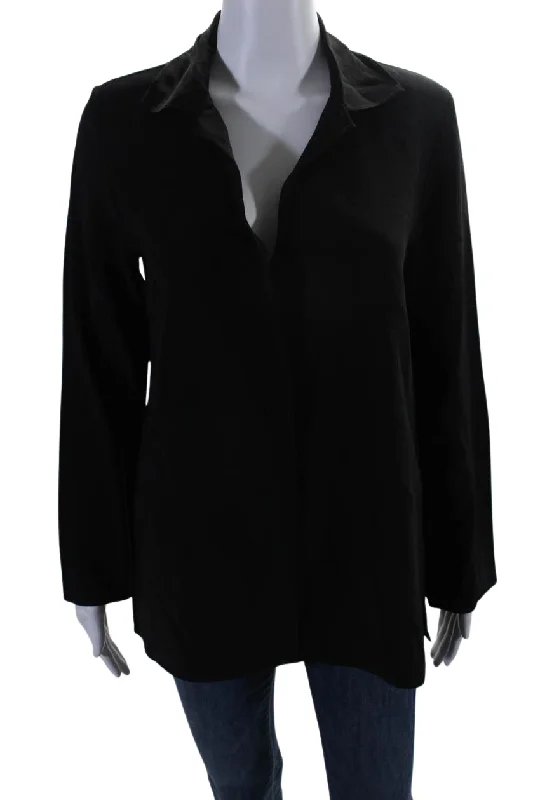 Peter Cohen Womens Long Sleeve V Neck Collared Blouse Black Drape Neck Blouse