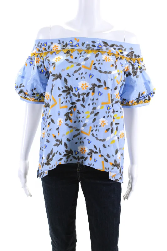 PETER PILOTTO Womens Cotton Floral Puff Sleeve Round Neck Blouse Blue Floral Print Blouse PETER PILOTTO Womens Cotton Floral Puff Sleeve Round Neck Blouse Blue Floral Print Blouse