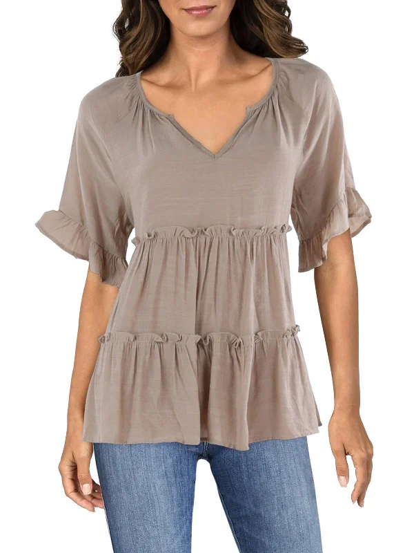 Petites Womens Split Neck Tiered Blouse Business Casual Blouse