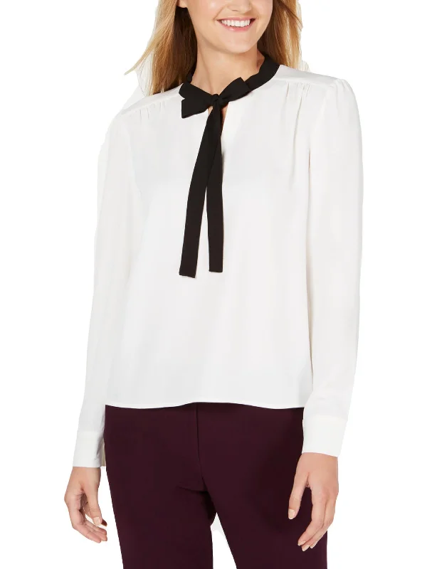 Petites Womens Top Tie-Neck Blouse Lightweight Floral Blouse