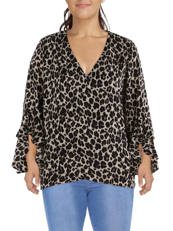 Plus Womens V Neck Bell Sleeve Blouse Feminine Satin Blouse