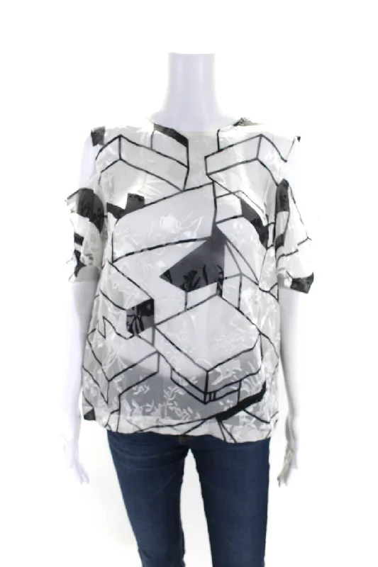 Preen By Thornton Bregazzi Womens White Silk Cold Shoulder Blouse Top Floral Print Blouse Preen By Thornton Bregazzi Womens White Silk Cold Shoulder Blouse Top Floral Print Blouse