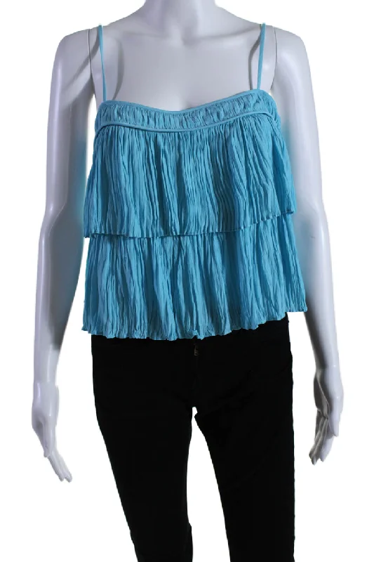 Ramy Brook Womens Pleated Textured Buttoned Sleeveless Tiered Blouse Blue Smart Business Blouse Ramy Brook Womens Pleated Textured Buttoned Sleeveless Tiered Blouse Blue Smart Business Blouse