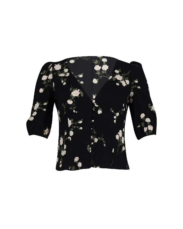 Reformation Puff Sleeve Floral-Print Blouse in Black Cotton Boho Chic Blouse