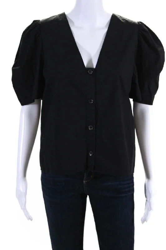 Rhode Womens Cotton Short Sleeve V Neck Button Down Blouse Black Puff Sleeve Blouse