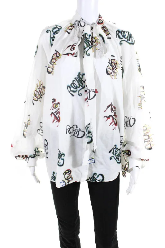 Rochas Womens Collared Tie Neck Abstract Logo Blouse Top White Soft Satin Blouse