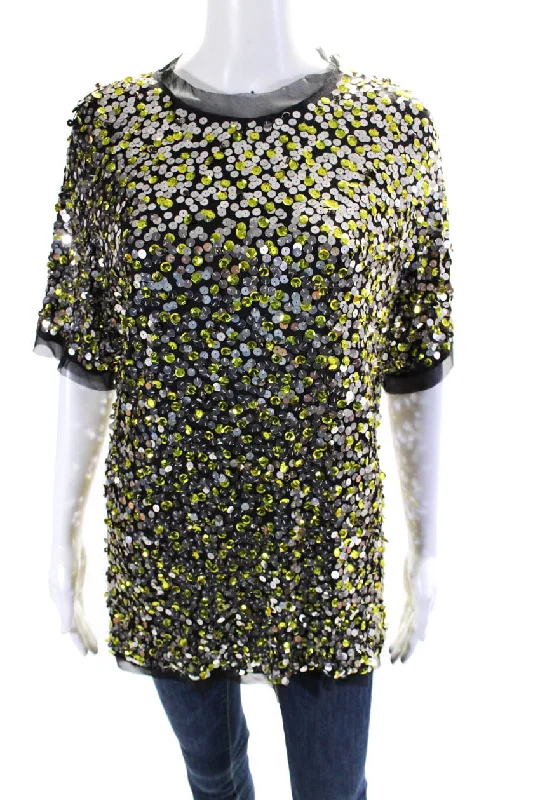 Rohit Gandhi + Rahul Khanna Womens Embroidered Sequined Blouse Top Black Chic Ruffle Blouse Rohit Gandhi + Rahul Khanna Womens Embroidered Sequined Blouse Top Black Chic Ruffle Blouse
