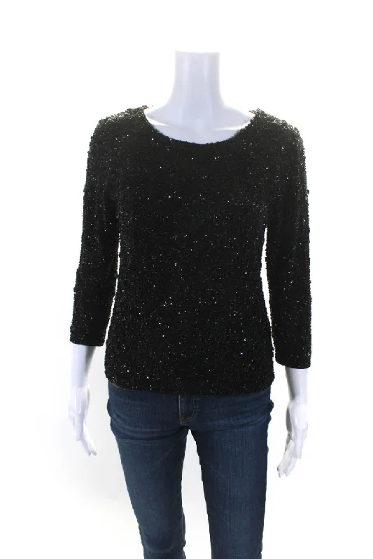 Rohit Gandhi + Rahul Khanna Womens Embroidered Sequined Zip Blouse Black Ruched Sleeve Blouse Rohit Gandhi + Rahul Khanna Womens Embroidered Sequined Zip Blouse Black Ruched Sleeve Blouse