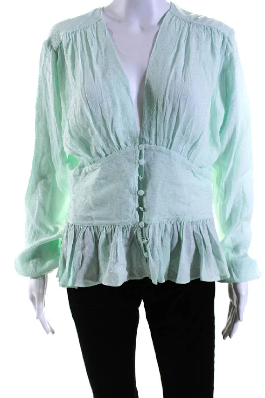 ROTATE Womens Long Sleeve V Neck Button Down Ruffle Blouse Blue Vintage Polka Blouse ROTATE Womens Long Sleeve V Neck Button Down Ruffle Blouse Blue Vintage Polka Blouse