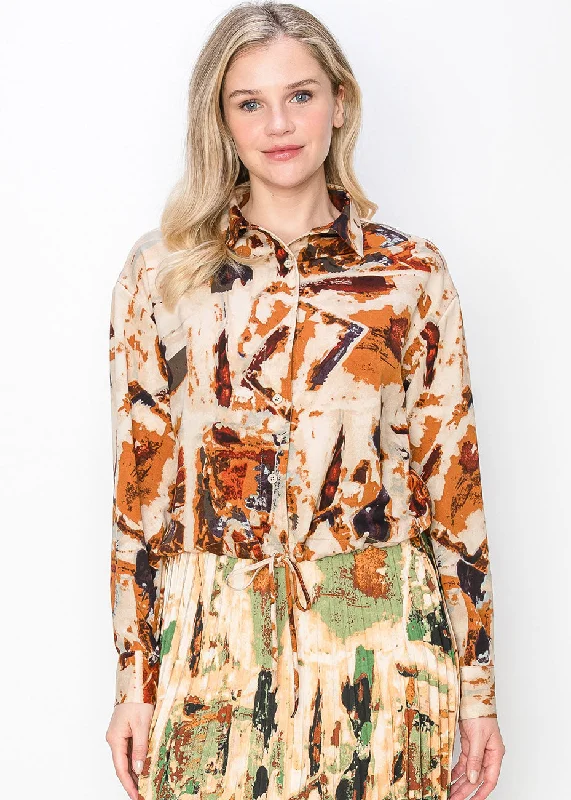 Rust and Beige Abstract Blouse Silky Draped Blouse