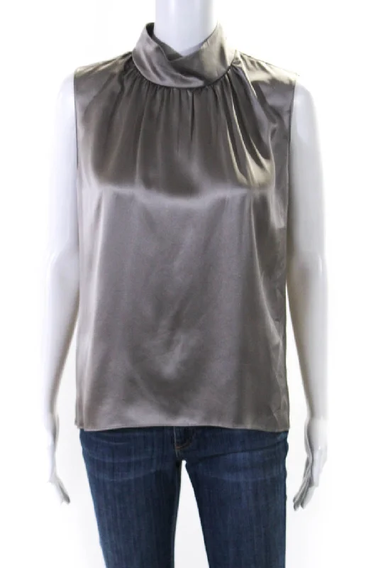 Sablyn Womens Back Zip Sleeveless Crew Neck Silk Top Blouse Gray Gathered Detail Blouse Sablyn Womens Back Zip Sleeveless Crew Neck Silk Top Blouse Gray Gathered Detail Blouse