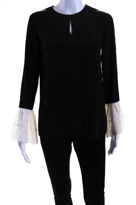 Saint Laurent Womens Crepe Eyelet Bell Sleeve V-Neck Blouse Top Black Chic Square Blouse Saint Laurent Womens Crepe Eyelet Bell Sleeve V-Neck Blouse Top Black Chic Square Blouse