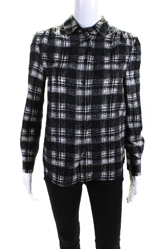 Saint Laurent Womens Silk Plaid Button Down Blouse Black White Elegant Peplum Blouse Saint Laurent Womens Silk Plaid Button Down Blouse Black White Elegant Peplum Blouse