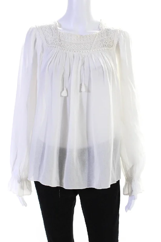 Saint Laurent Womens White Tassel Tie Square Neck Long Sleeve Blouse Top Soft Knit Blouse Saint Laurent Womens White Tassel Tie Square Neck Long Sleeve Blouse Top Soft Knit Blouse
