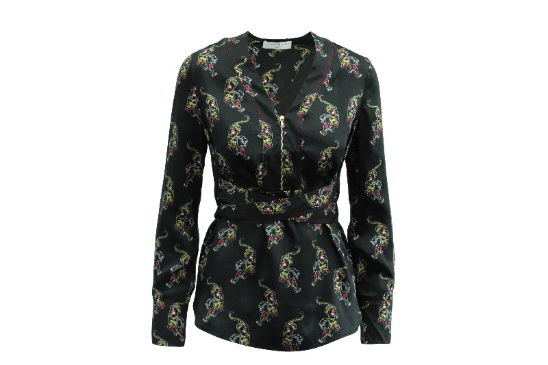 Sandro Paris Aya Tiger Print Blouse in Black Print Polyester Boho Printed Blouse