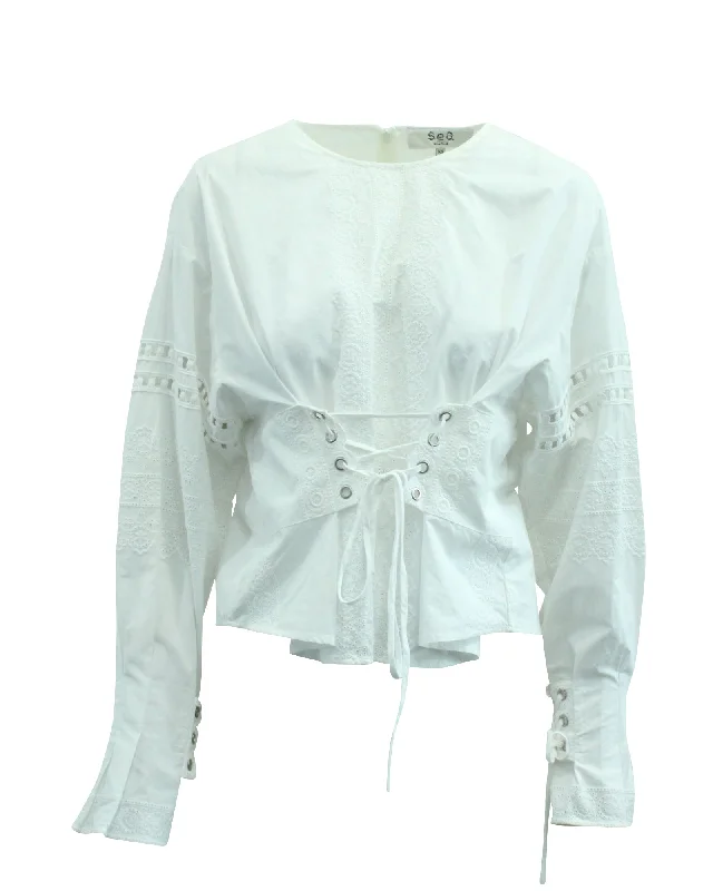 Sea New York Long Sleeve Eyelet Lace Up Blouse in White Cotton Airy Cotton Blouse