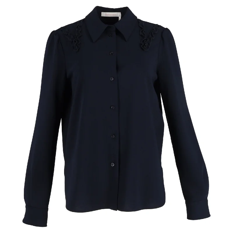 See by Chloé Frill Detail Blouse in Navy Blue Polyester Stylish Wrap Blouse