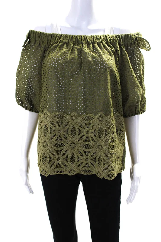 Sharis Womens Embroidered Eyelet Off Shoulder Puff Sleeve Top Blouse Green IT 44 Asymmetric Hem Blouse Sharis Womens Embroidered Eyelet Off Shoulder Puff Sleeve Top Blouse Green IT 44 Asymmetric Hem Blouse