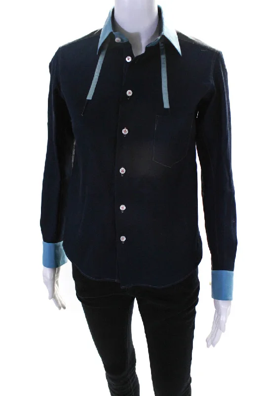 Shiro Sakai Womens Collared Solid Button Down Cotton Blouse Top Blue Bell Sleeve Blouse Shiro Sakai Womens Collared Solid Button Down Cotton Blouse Top Blue Bell Sleeve Blouse