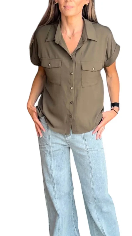 Short Sleeve Button Down Blouse Top In Olive Silky Tunic Blouse