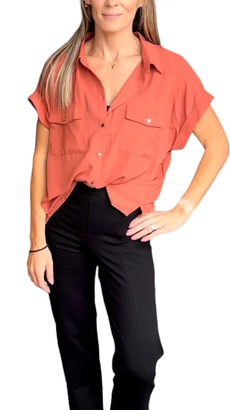 Short Sleeve Button Down Blouse Top In Rust Satin Bow Blouse