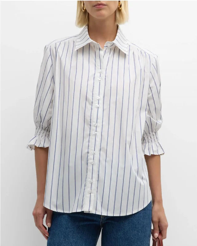 Sirena Button Front Blouse In Blue Double Pinstripe Elegant Peplum Blouse