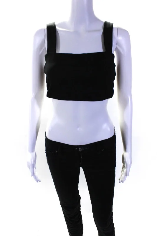 SPRWMN Womens Black Square Neck Sleeveless Micro Crop Blouse Top Textured Cotton Blouse SPRWMN Womens Black Square Neck Sleeveless Micro Crop Blouse Top Textured Cotton Blouse