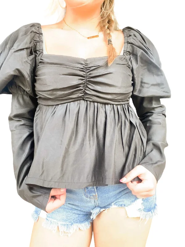 Square Neck Puff Sleeve Cropped Blouse In Black Side Tie Blouse