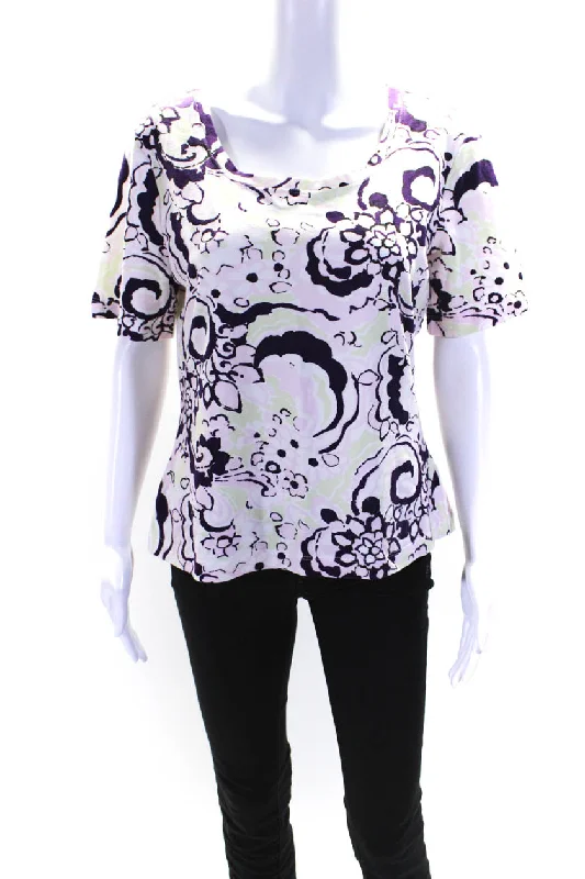 St. John Sport Womens Floral Print Short Sleeves Blouse Pink Purple Delicate Pleat Blouse St. John Sport Womens Floral Print Short Sleeves Blouse Pink Purple Delicate Pleat Blouse