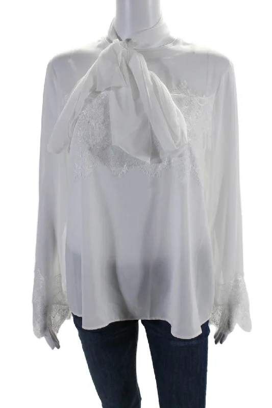 Theo Womens Idalia Lace Trim Long Sleeves Bow Blouse Ivory White Lightweight Linen Blouse Theo Womens Idalia Lace Trim Long Sleeves Bow Blouse Ivory White Lightweight Linen Blouse