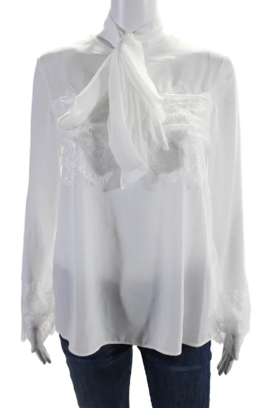 Theo Womens Long Sleeves Idalia Lace Trim Bow Blouse Ivory White Stretchy Fitted Blouse Theo Womens Long Sleeves Idalia Lace Trim Bow Blouse Ivory White Stretchy Fitted Blouse