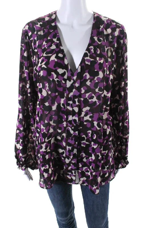 Trina Turk Womens Purple Printed V-Neck Long Sleeve Blouse Top Embroidered Floral Blouse Trina Turk Womens Purple Printed V-Neck Long Sleeve Blouse Top Embroidered Floral Blouse